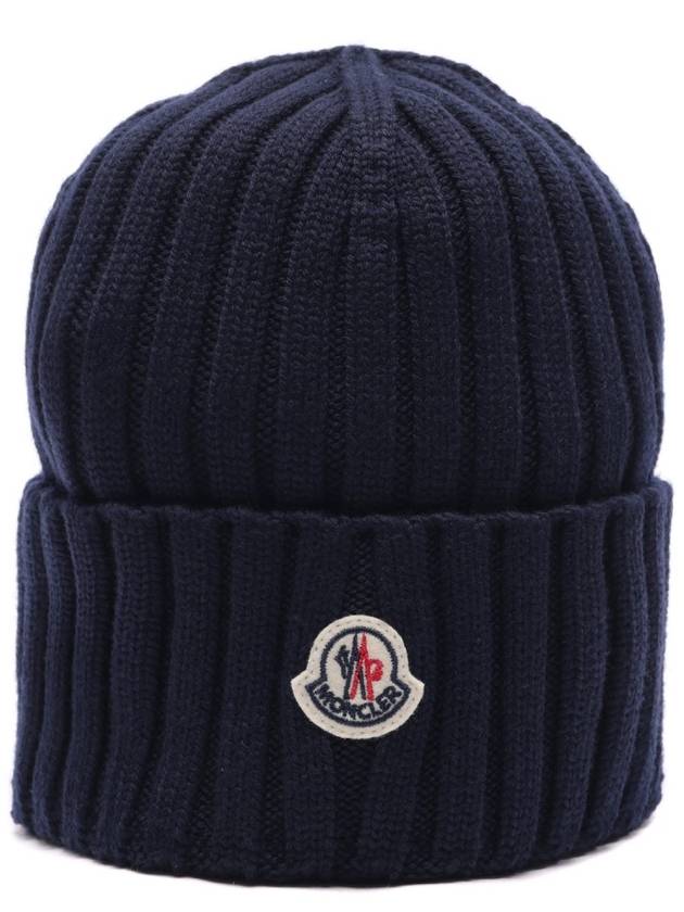 Logo Patch Wool Beanie Navy - MONCLER - BALAAN 2