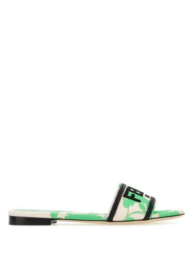 Rose Print Embroidered Logo Canvas Slide Slippers Green - FENDI - BALAAN 2