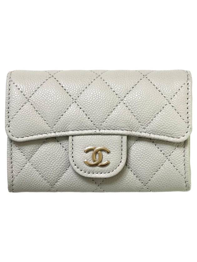 Classic Gold Logo Grained Shiny Calfskin Card Wallet Light Grey - CHANEL - BALAAN 1