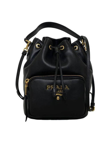 Vitello Gold Logo Leather Bucket Bag Black - PRADA - BALAAN 1