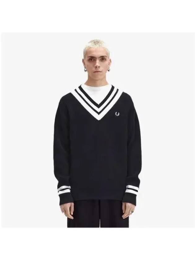 Fred Perry Sharp Striped Trim V neck Knit Black AFPM2438541 102 - FRED PERRY - BALAAN 1