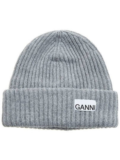 Logo Patch Knit Beanie Grey - GANNI - BALAAN 2