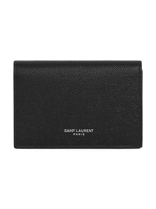 Business Flap in Grain De Poudre Embossed Leather Card Wallet Black - SAINT LAURENT - BALAAN.