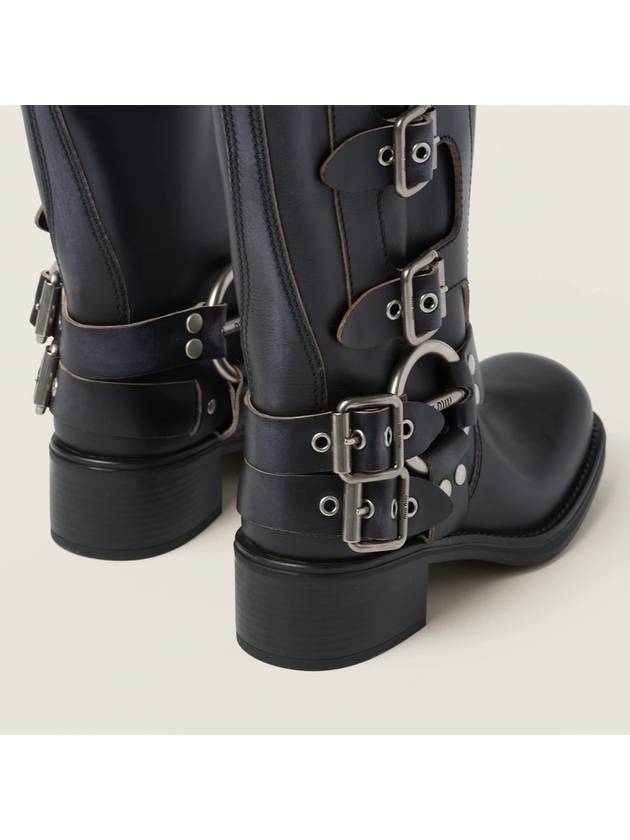 Buckle Detail Leather Long Boots Black - MIU MIU - BALAAN 4