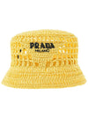 embroid logo raffia bucket hat yellow - PRADA - BALAAN.