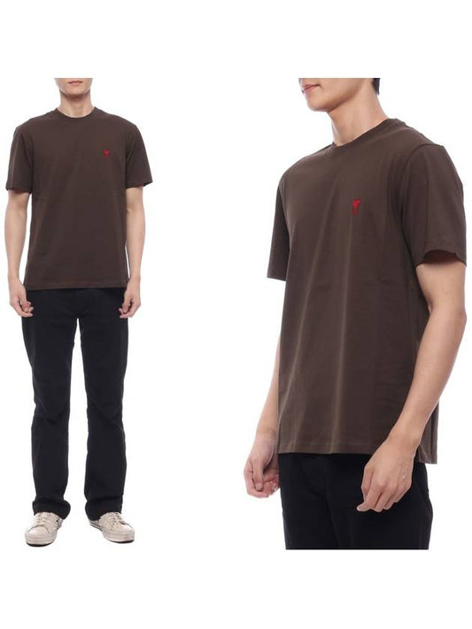 Small Heart Logo  Short Sleeve T-Shirt Brown - AMI - BALAAN 2