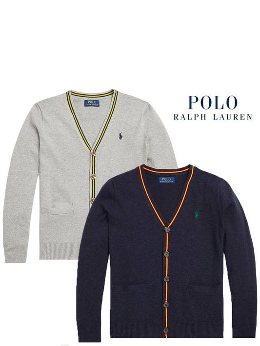 Women Unisex Vneck Cardigan Gray Navy L XL - POLO RALPH LAUREN - BALAAN 1