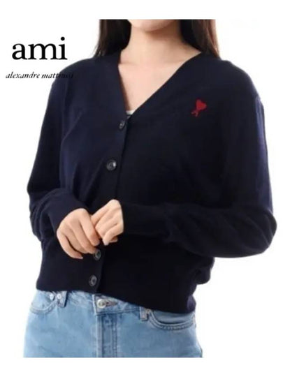 Heart Logo Wool Cardigan Navy - AMI - BALAAN 2