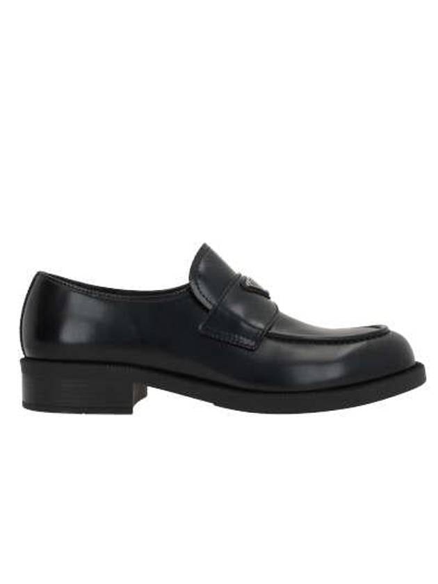 Triangular logo brushed leather loafers black - PRADA - BALAAN 3