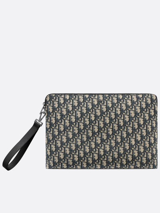 Oblique Zipper Jacquard A4 Pouch Clutch Bag Black Beige - DIOR - BALAAN.