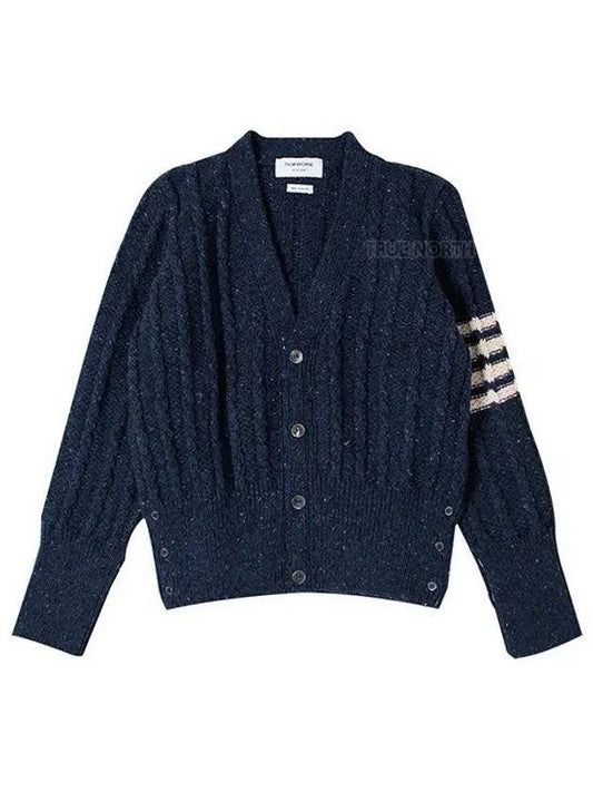 Donegal Twist Cable 4 Bar Classic V Neck Cardigan Blue - THOM BROWNE - BALAAN 2