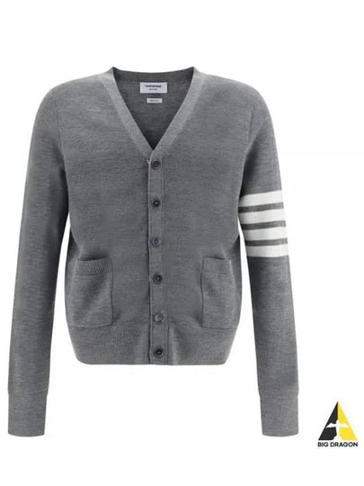 4-Bar Striped Waffle High V-Neck Cardigan Light Grey - THOM BROWNE - BALAAN 2