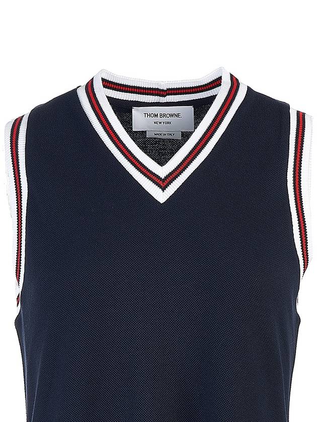 Women's Classic Pique Stripe V-Neck Cotton Tennis Dress Navy - THOM BROWNE - BALAAN 5