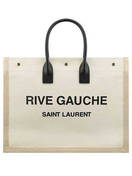 Rive Gauche Logo Linen Leather Tote Bag White - SAINT LAURENT - BALAAN 2