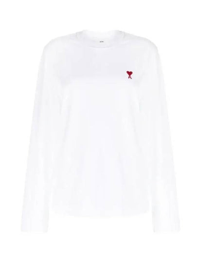 Chain Stitch Heart Logo Long Sleeve T-Shirt White - AMI - BALAAN 2