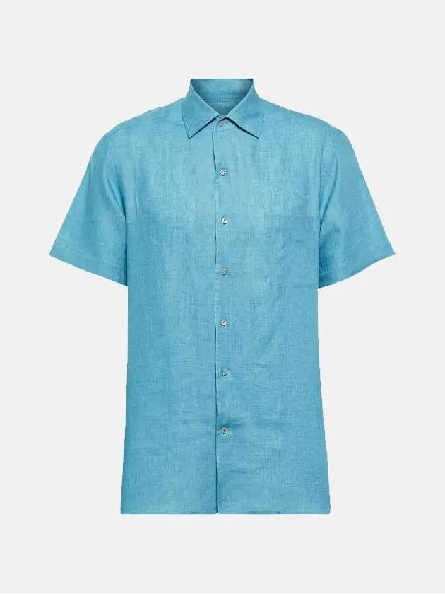 Men's Andre Linen Short Sleeve Shirt Leaf Blue - LORO PIANA - BALAAN 3