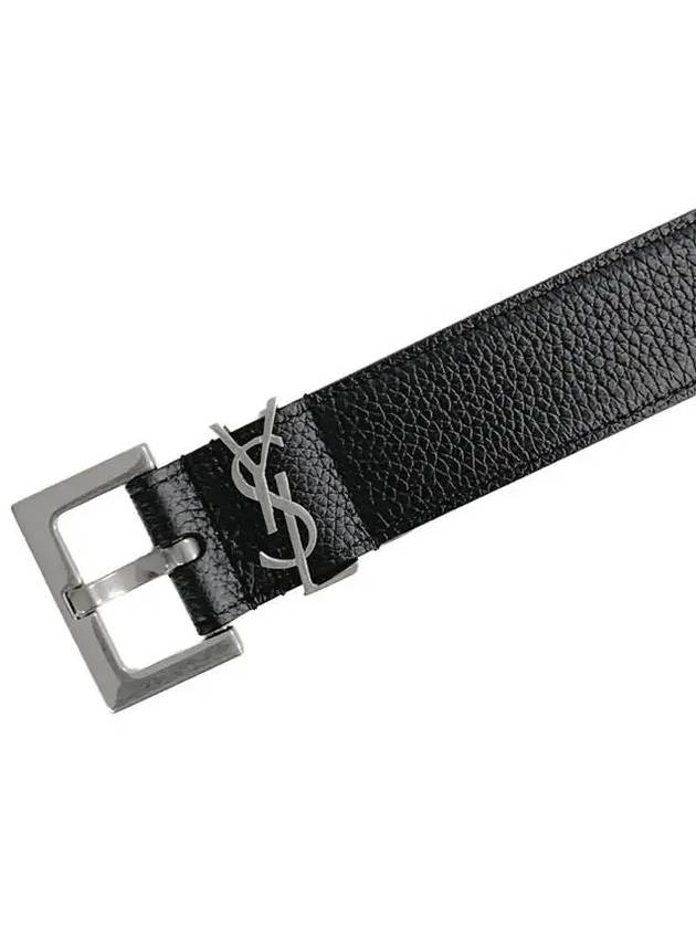 Grained Leather Silver Monogram Belt Black - SAINT LAURENT - BALAAN 4