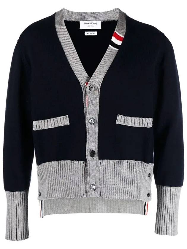 Three Stripe V Neck Cotton Cardigan Navy - THOM BROWNE - BALAAN 2