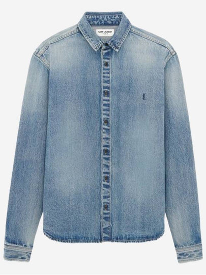 Men's Cassandre Logo Denim Long Sleeve Shirt Blue - SAINT LAURENT - BALAAN 2