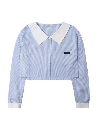 Women's Logo Patch Striped Crop Shirt Sky Blue - MIU MIU - BALAAN 2