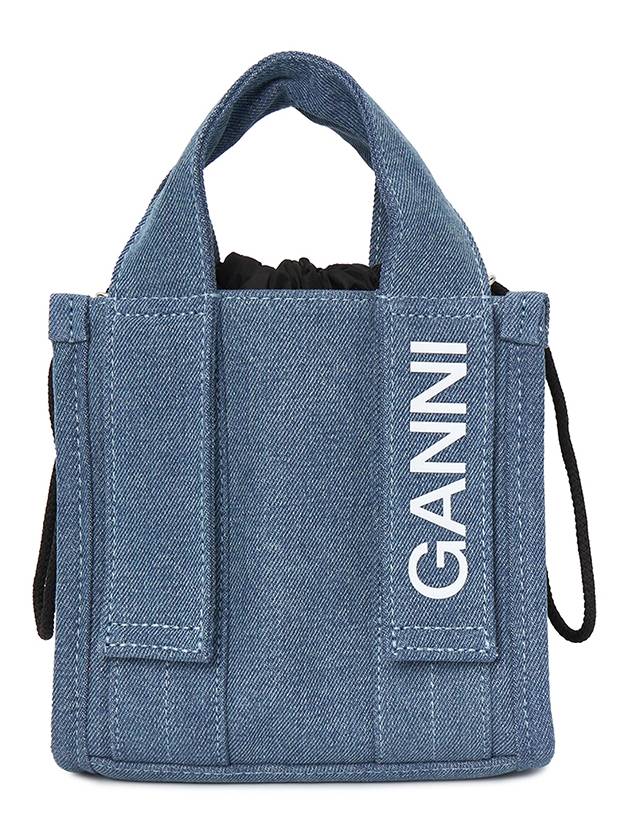 Tech Mini Logo Print Denim Tote Bag Navy - GANNI - BALAAN 4