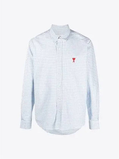 Small Heart Logo Gingham Button Long Sleeves Shirt Sky Blue - AMI - BALAAN 2