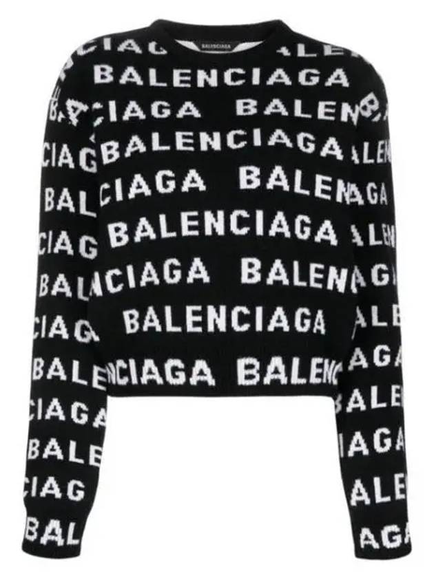 Intarsia All-Over Logo Crew Neck Knit Top Black - BALENCIAGA - BALAAN 2