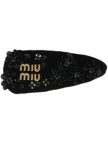 Metal Lettering Logo Velvet Hair Pin Black - MIU MIU - BALAAN 1