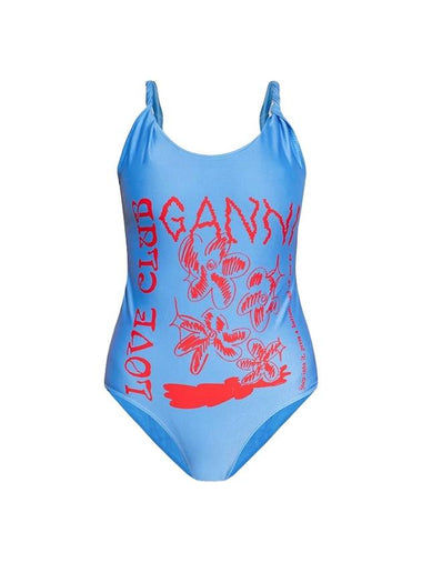 Logo Print One-Piece Swimsuit Blue - GANNI - BALAAN 1