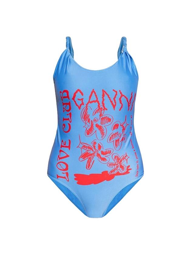 Logo Print One-Piece Swimsuit Blue - GANNI - BALAAN 1