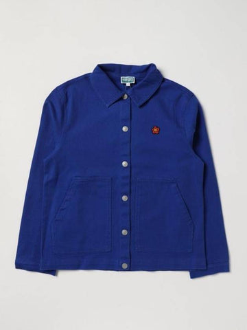 Kid's Logo Embroidered Cotton Jacket Blue - KENZO - BALAAN 1