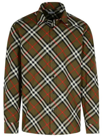 Check Cotton Long Sleeve Shirt Green - BURBERRY - BALAAN 1