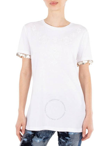 Roberto Cavalli Ladies Optical White Floral Embroidered Cotton T-shirt, Size Large - ROBERTO CAVALLI - BALAAN 1