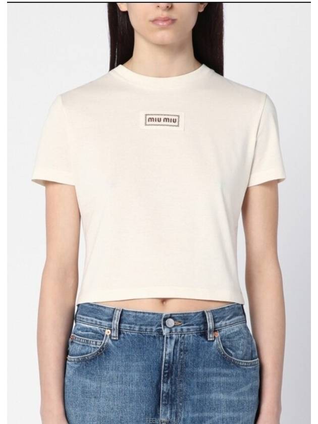 Logo Patch Crop Cotton Short Sleeve T-shirt Light Beige - MIU MIU - BALAAN 2