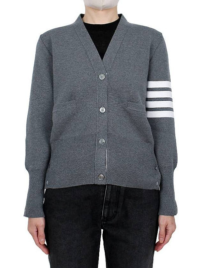 Milano Stitch 4 Bar Classic V Neck Fine Merino Wool Cardigan Medium Grey - THOM BROWNE - BALAAN 2