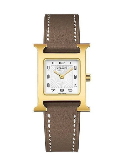 Heure H Watch Small Etoupe Swift Strap Yellow Gold Steel Brown - HERMES - BALAAN 2