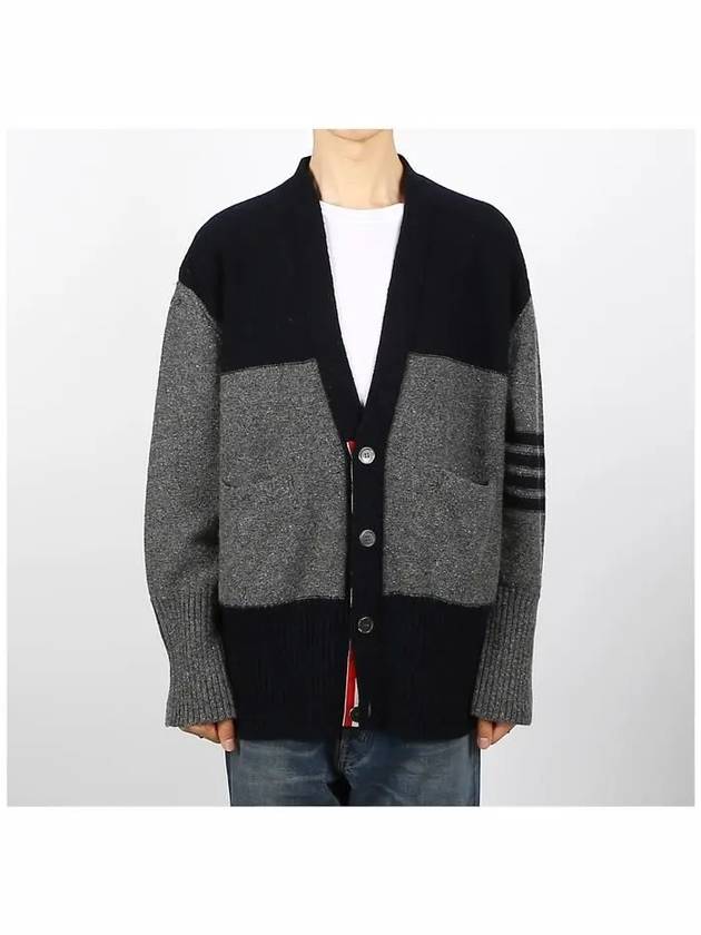 Donegal Diagonal Oversized Colour Block Wool Cardigan Grey - THOM BROWNE - BALAAN 3