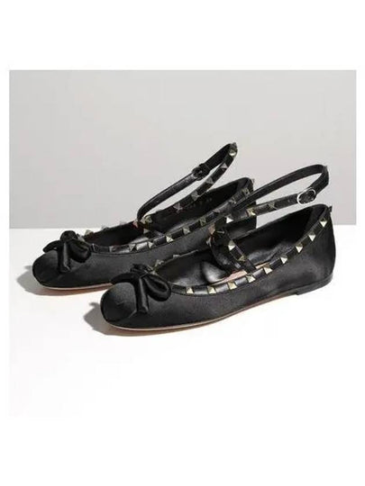 Rockstud Satin Ballerina Flat Shoes Black - VALENTINO - BALAAN 2