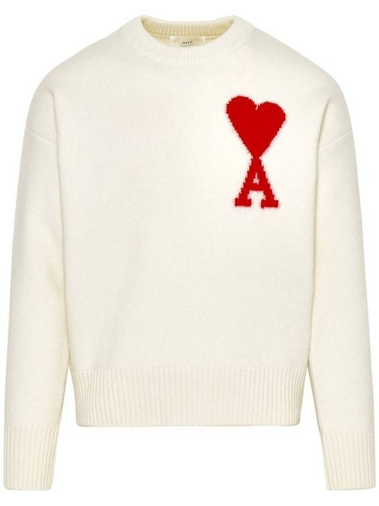 Big Heart Logo Overfit Wool Knit Top White - AMI - BALAAN.