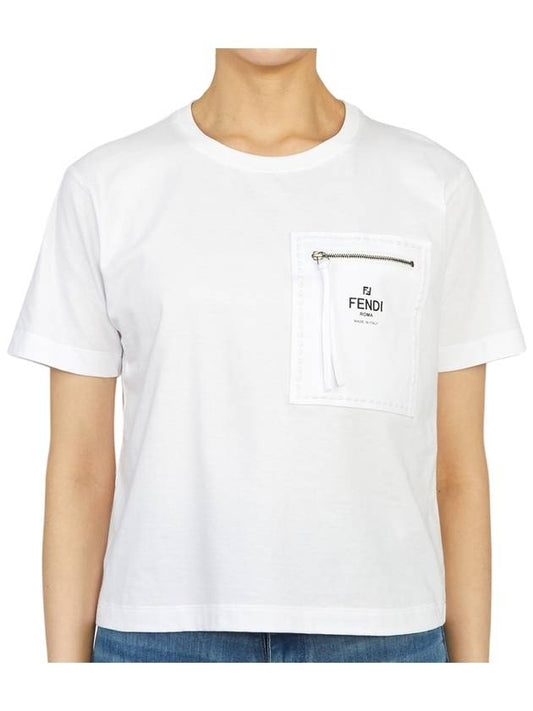 Logo Zipper Pocket Cropped Short Sleeve T-Shirt White - FENDI - BALAAN 2