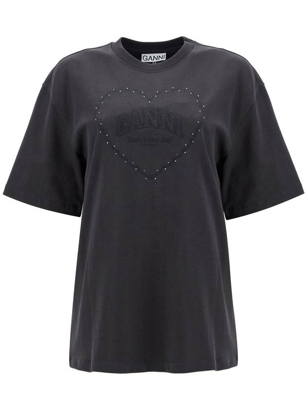 Drop Shoulder Heart Cotton Short Sleeve T-Shirt Black - GANNI - BALAAN 2