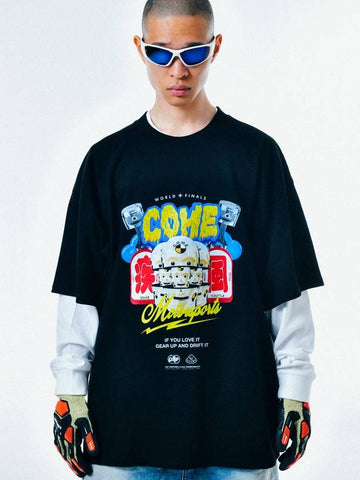 Motorsports Oversized Printed Cotton Jersey T Shirt Black - C.O.M.E - BALAAN 1