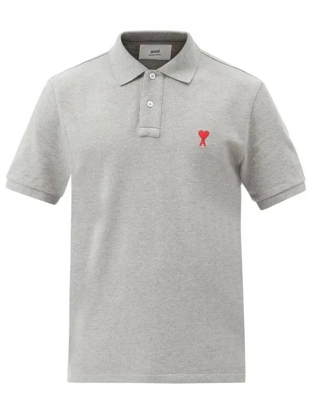 Heart Logo Embroidered Organic Cotton Pique Polo Shirt Gray - AMI - BALAAN 1