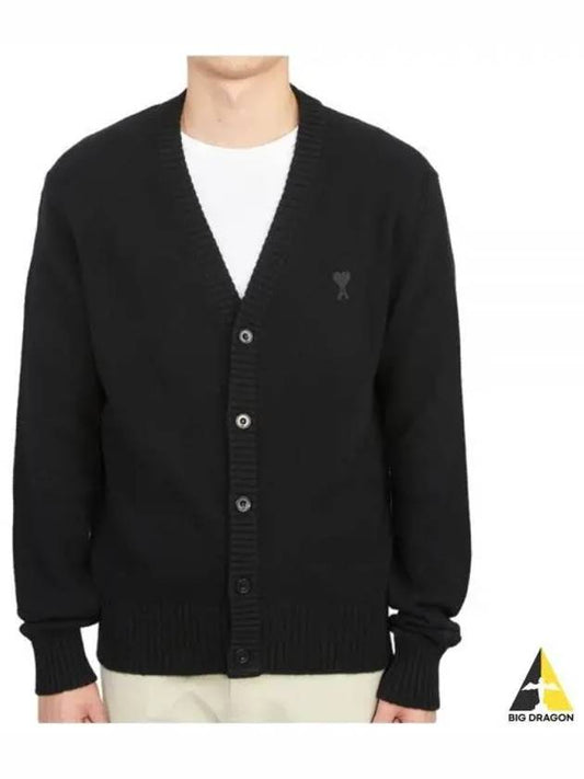 Small Heart Logo V-Neck Cardigan Black - AMI - BALAAN 2