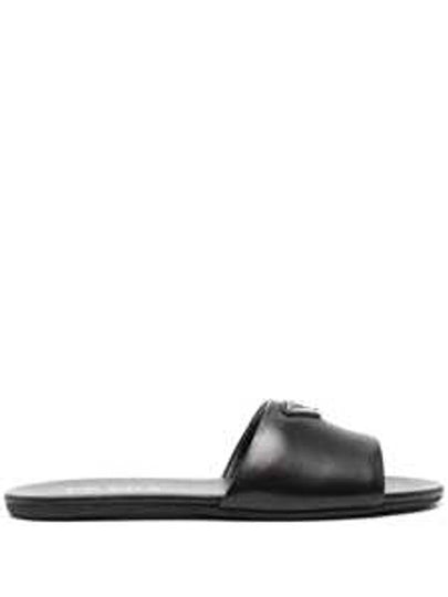 Logo Leather Slide Slippers Black - PRADA - BALAAN 2