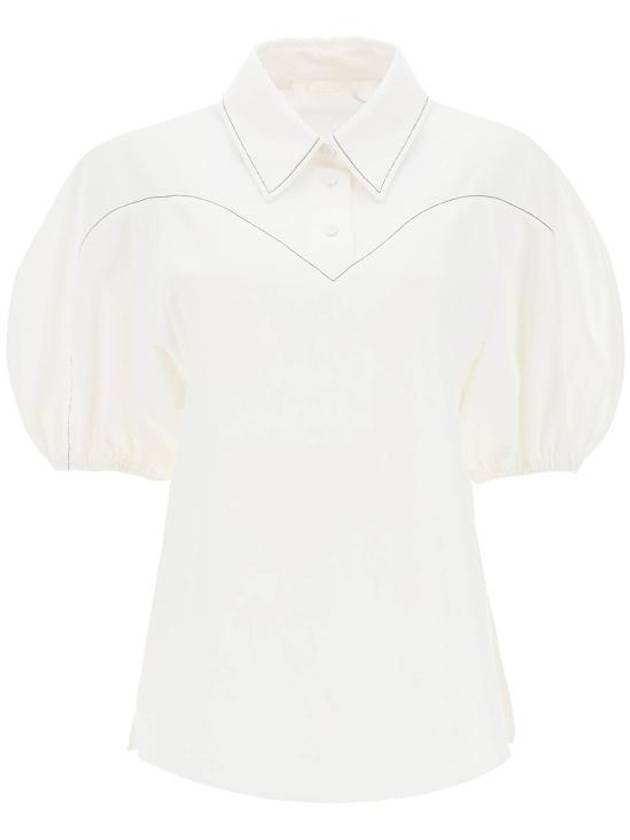 Women's Balloon Sleeve Textured Cotton Blouse White - CHLOE - BALAAN 1