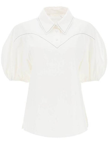 Women's Balloon Sleeve Textured Cotton Blouse White - CHLOE - BALAAN 1