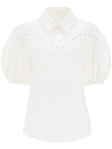 Women's Balloon Sleeve Textured Cotton Blouse White - CHLOE - BALAAN 1