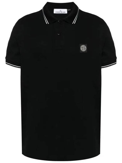 Stretch Cotton Pique Short Sleeve Polo Shirt Black - STONE ISLAND - BALAAN 2