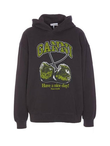 Graphic Print Hoodie Black - GANNI - BALAAN 1